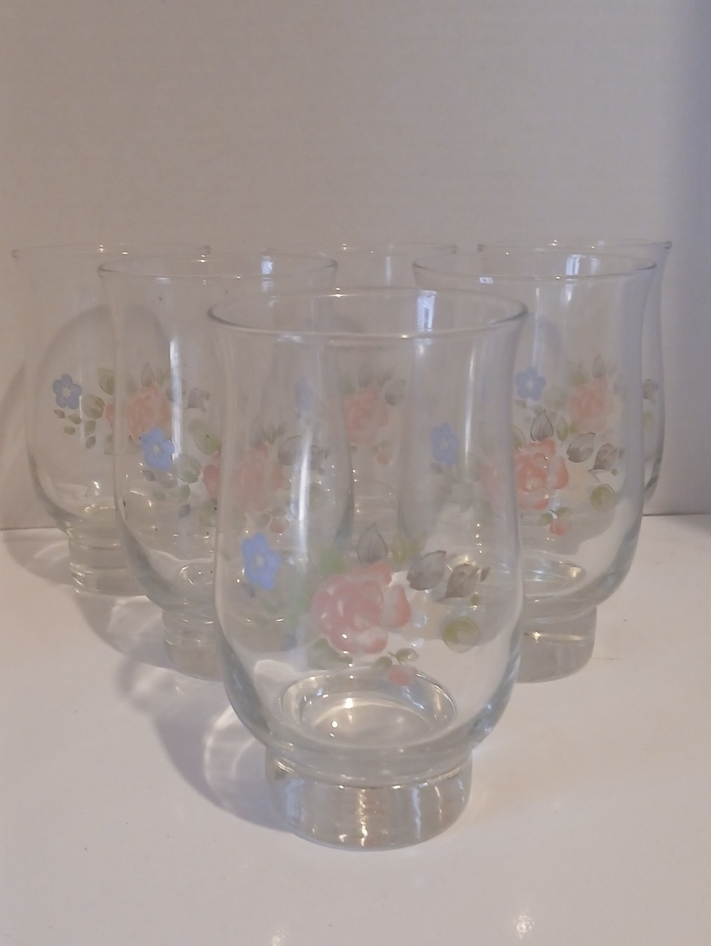 Libbey For Pfaltzgraff Tea Rose Floral Glass Tumblers in Pink & Blue Accents